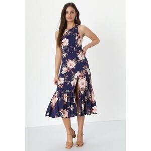 Lulus Rare Blossom Navy Blue Floral Print Tie-back Tiered Midi Dress - Size S